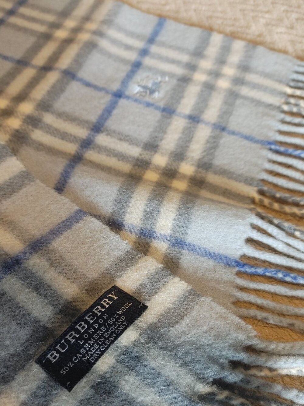 Burberry Scarf | Blue, Gray & White Check | With Logo